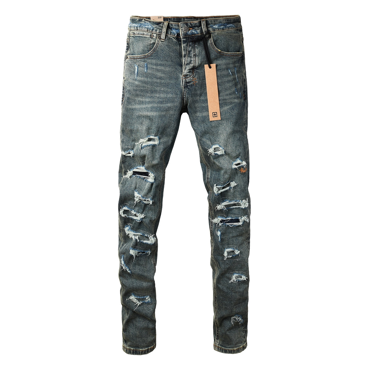 Purple JeansMen’s Dark Blue Heavy Ripped Skinny Jeans with Extreme Distressing and Back Graphic Patch for Street Style 3049