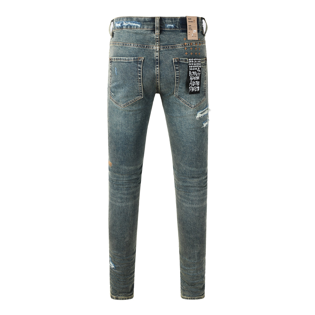 Purple JeansMen’s Dark Blue Heavy Ripped Skinny Jeans with Extreme Distressing and Back Graphic Patch for Street Style 3049