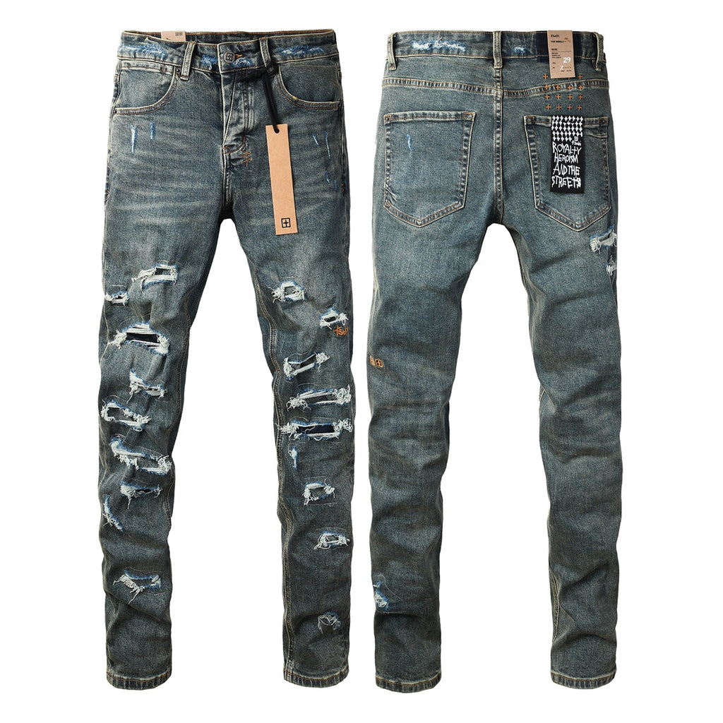 Purple JeansMen’s Dark Blue Heavy Ripped Skinny Jeans with Extreme Distressing and Back Graphic Patch for Street Style 3049