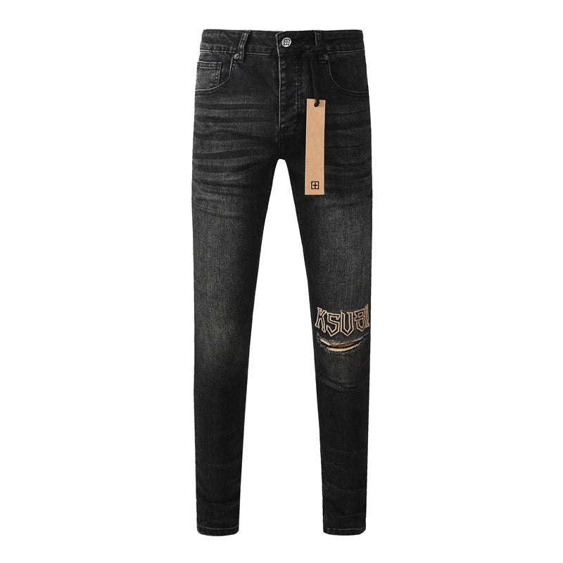 Purple Jeans Mens Skinny Black Jeans with Ripped Embroidery and Printed Back Pocket Streetwear Style 3052