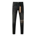 Purple Jeans Mens Skinny Black Jeans with Ripped Embroidery and Printed Back Pocket Streetwear Style 3052