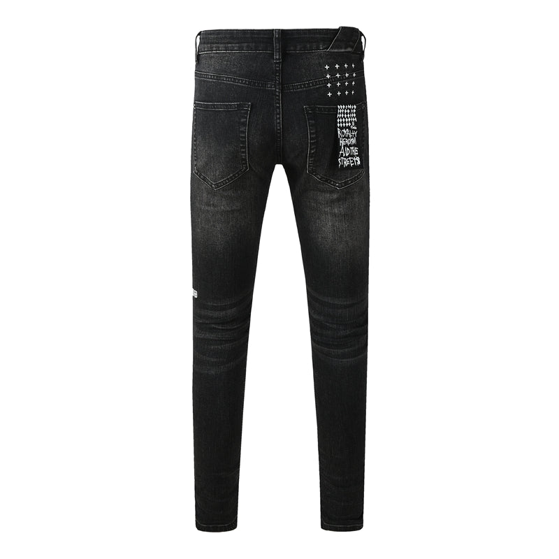 Purple Jeans Mens Skinny Black Jeans with Ripped Embroidery and Printed Back Pocket Streetwear Style 3052