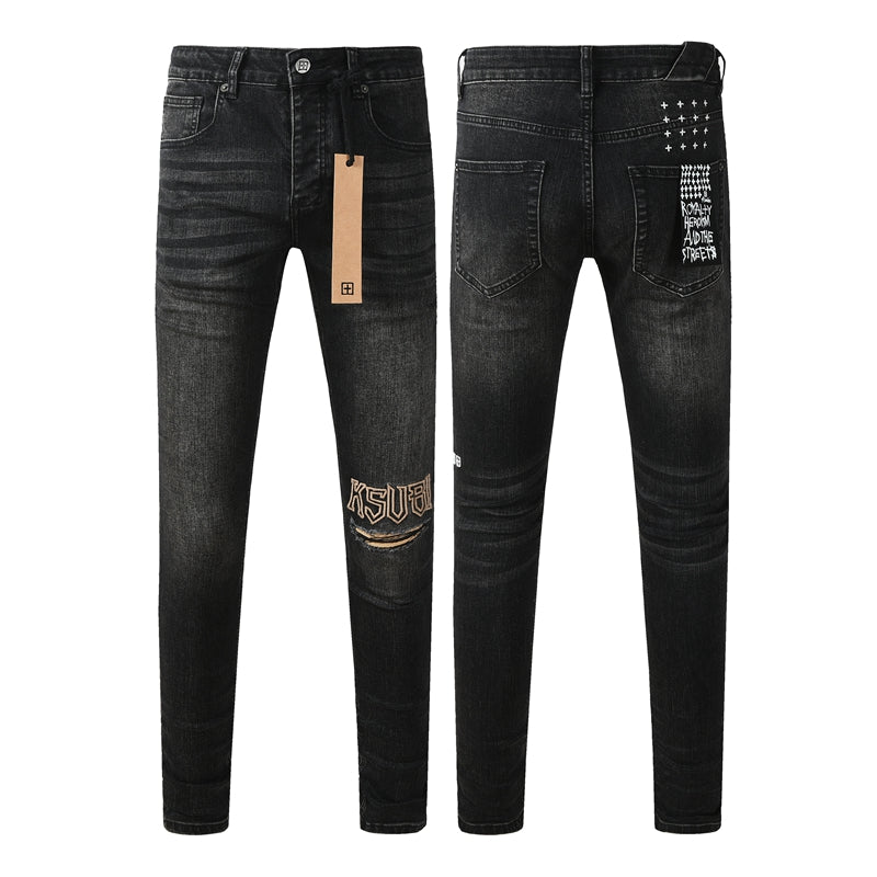 Purple Jeans Mens Skinny Black Jeans with Ripped Embroidery and Printed Back Pocket Streetwear Style 3052