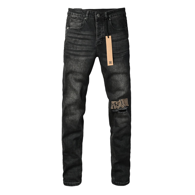 Purple Jeans Mens Skinny Black Jeans with Ripped Embroidery and Printed Back Pocket Streetwear Style 3052