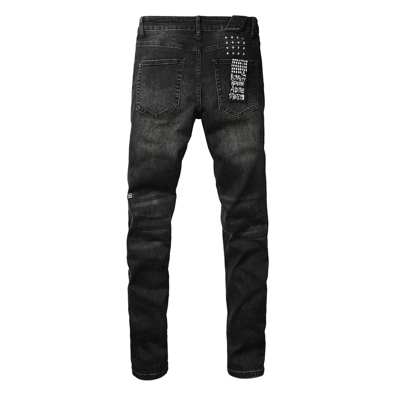 Purple Jeans Mens Skinny Black Jeans with Ripped Embroidery and Printed Back Pocket Streetwear Style 3052
