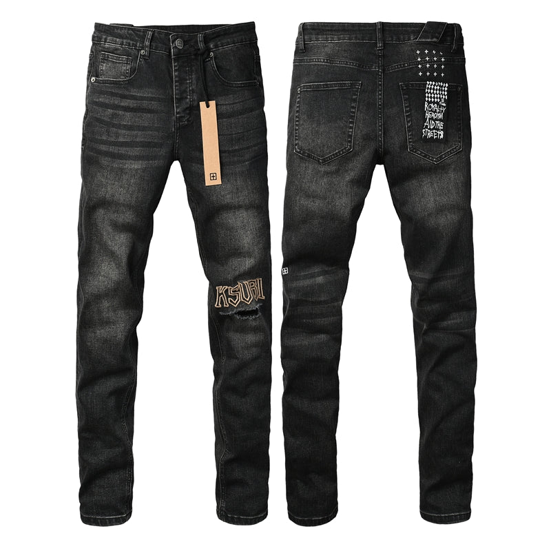 Purple Jeans Mens Skinny Black Jeans with Ripped Embroidery and Printed Back Pocket Streetwear Style 3052