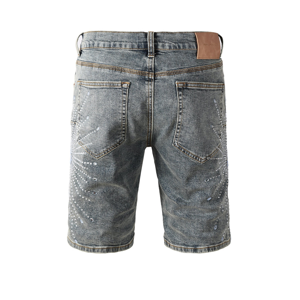 Purple Jeans Men’s Gray Washed Denim Shorts with Shiny Studded Sunburst Pattern Streetwear Fashion Style 5093