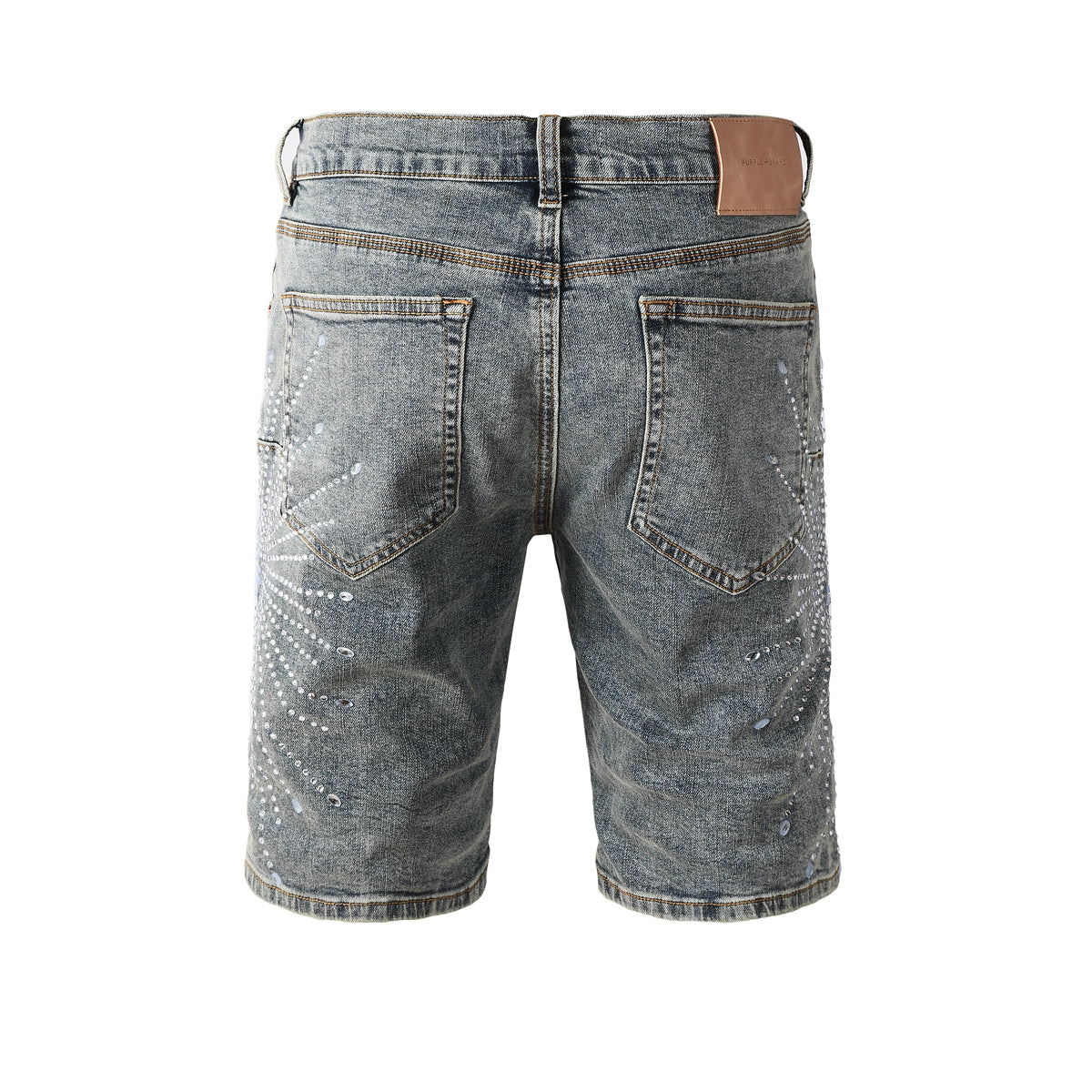 Purple Jeans Men’s Gray Washed Denim Shorts with Shiny Studded Sunburst Pattern Streetwear Fashion Style 5093