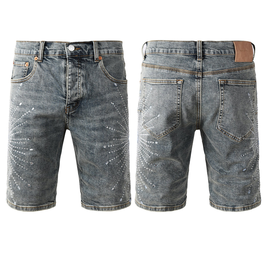 Purple Jeans Men’s Gray Washed Denim Shorts with Shiny Studded Sunburst Pattern Streetwear Fashion Style 5093