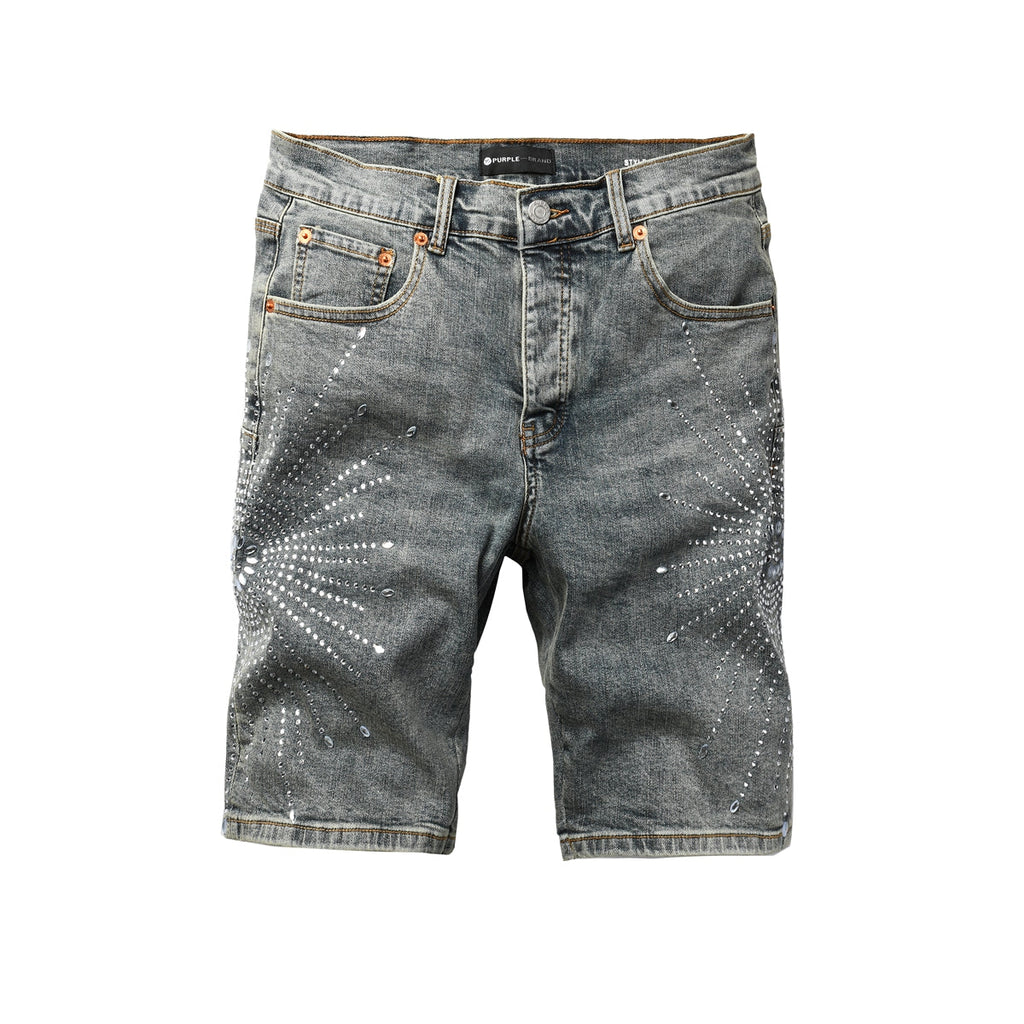 Purple Jeans Men’s Gray Washed Denim Shorts with Shiny Studded Sunburst Pattern Streetwear Fashion Style 5093
