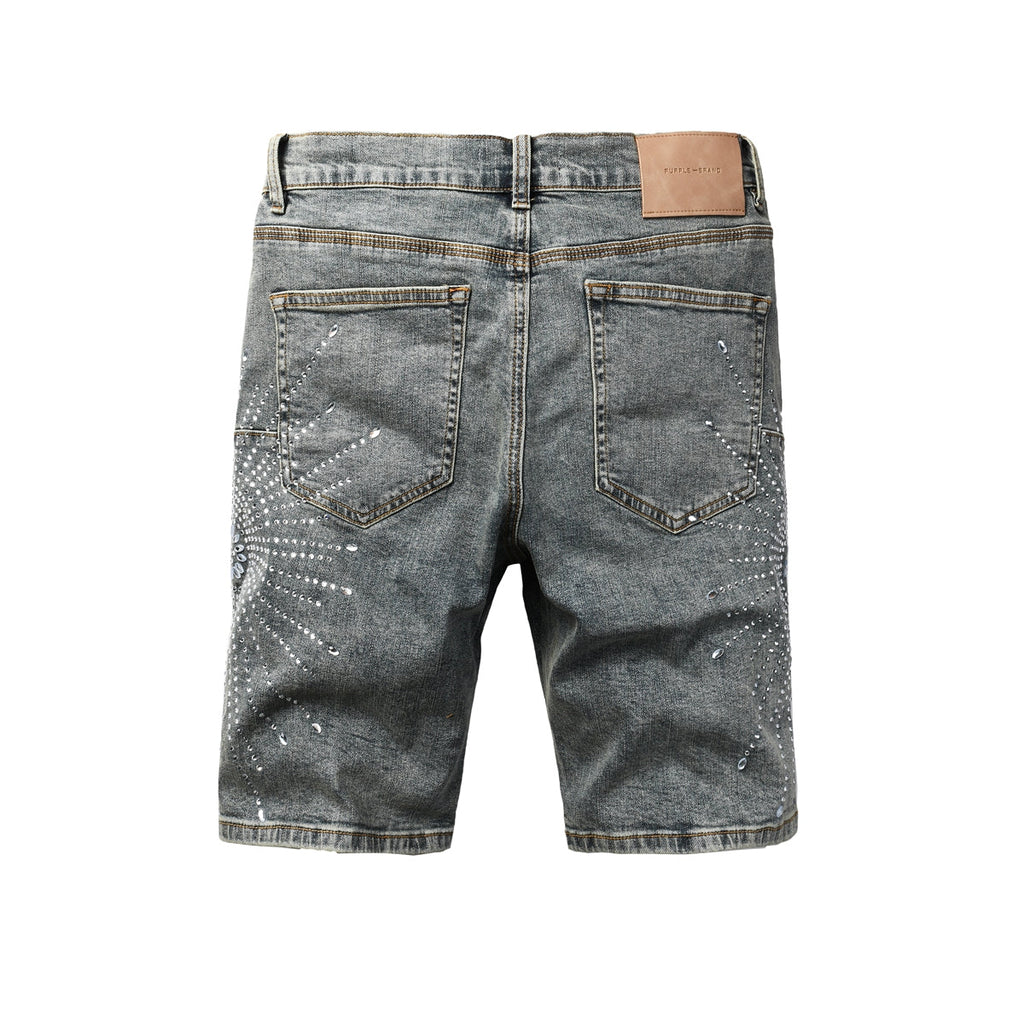 Purple Jeans Men’s Gray Washed Denim Shorts with Shiny Studded Sunburst Pattern Streetwear Fashion Style 5093