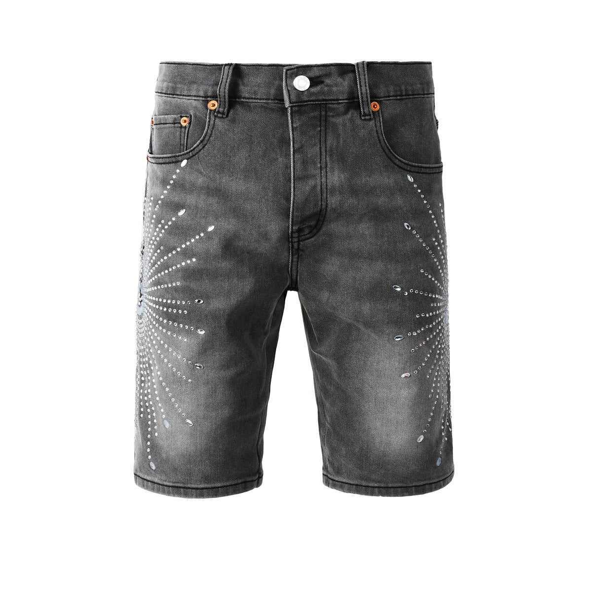 Purple jeans Men’s Grey Washed Denim Shorts with Sparkling Studded Sunburst Design Streetwear Fashion Style 5094
