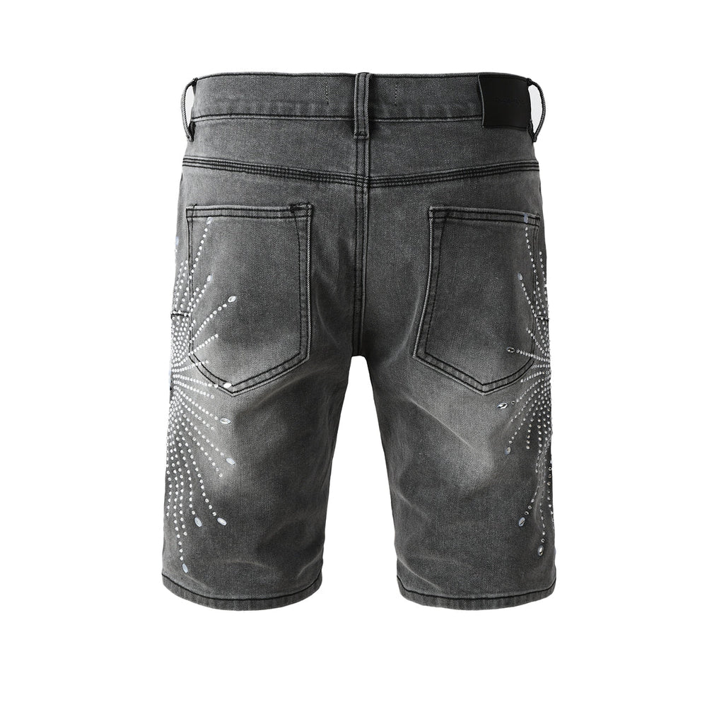 Purple jeans Men’s Grey Washed Denim Shorts with Sparkling Studded Sunburst Design Streetwear Fashion Style 5094