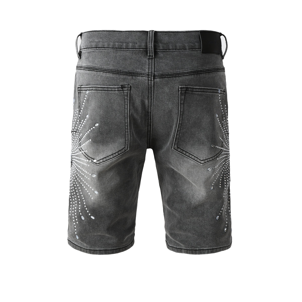 Purple jeans Men’s Grey Washed Denim Shorts with Sparkling Studded Sunburst Design Streetwear Fashion Style 5094