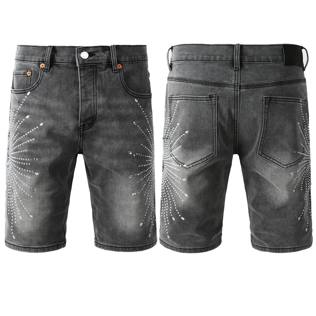 Purple jeans Men’s Grey Washed Denim Shorts with Sparkling Studded Sunburst Design Streetwear Fashion Style 5094