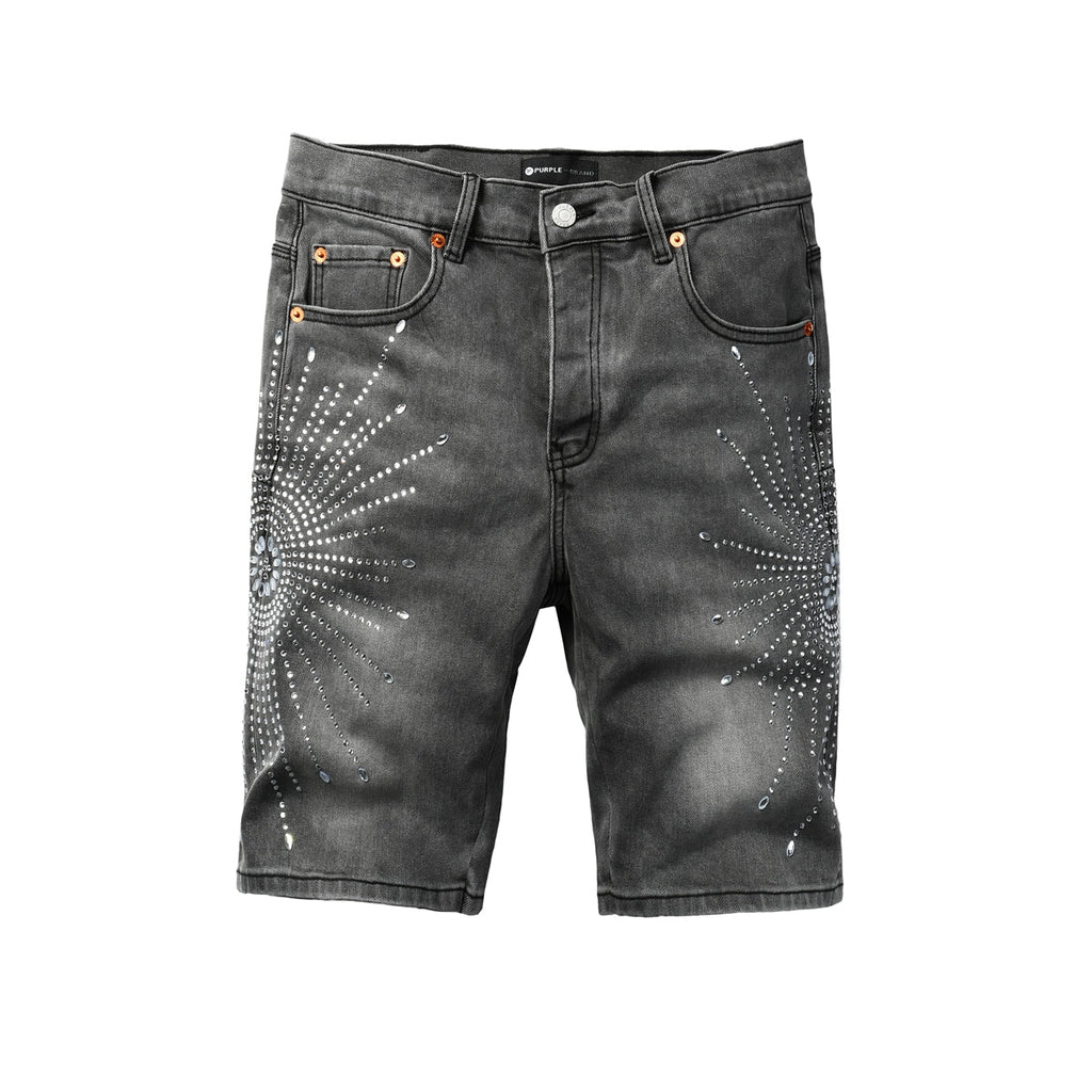 Purple jeans Men’s Grey Washed Denim Shorts with Sparkling Studded Sunburst Design Streetwear Fashion Style 5094