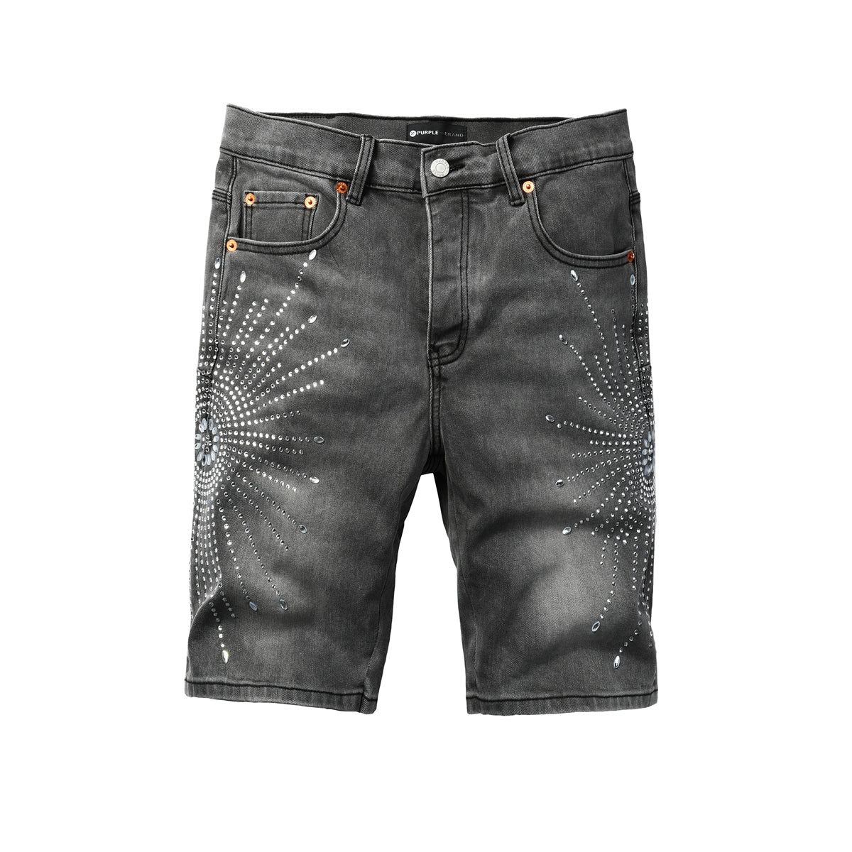 Purple jeans Men’s Grey Washed Denim Shorts with Sparkling Studded Sunburst Design Streetwear Fashion Style 5094