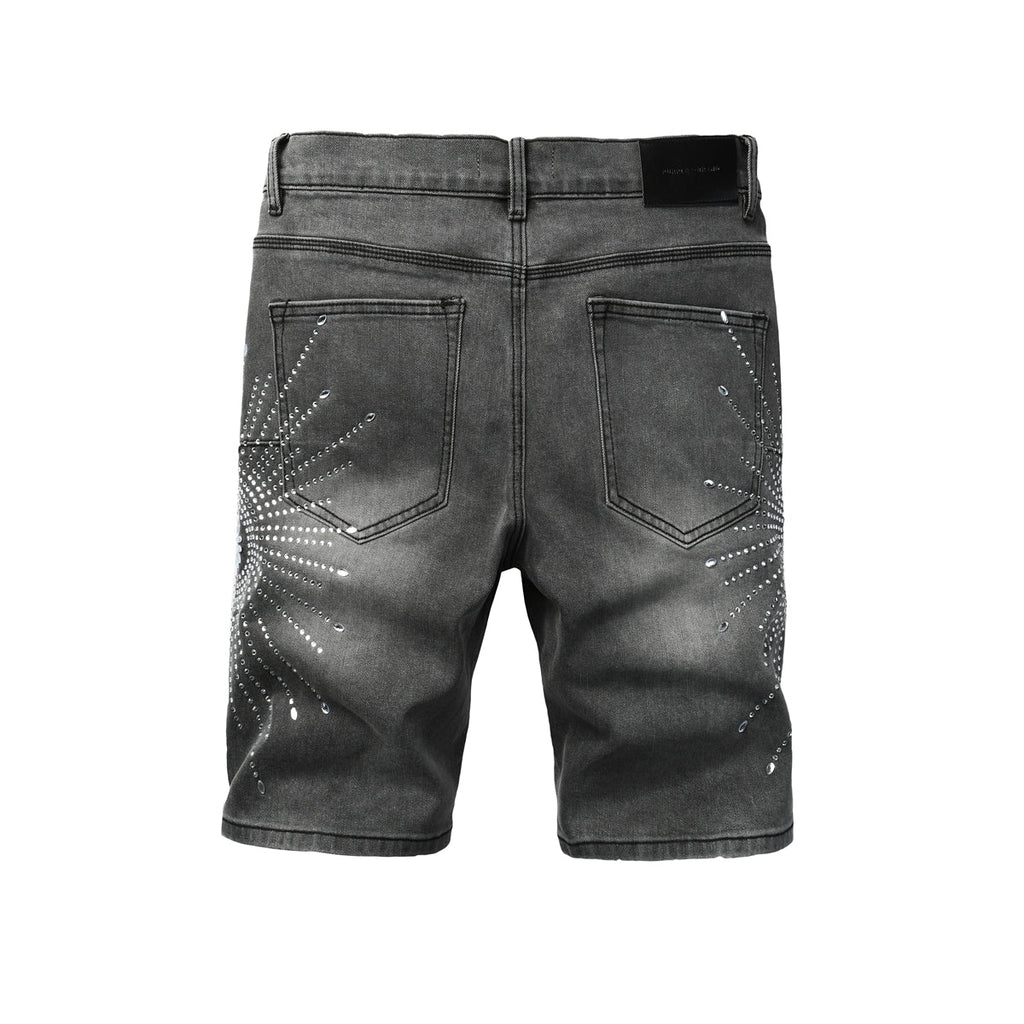 Purple jeans Men’s Grey Washed Denim Shorts with Sparkling Studded Sunburst Design Streetwear Fashion Style 5094