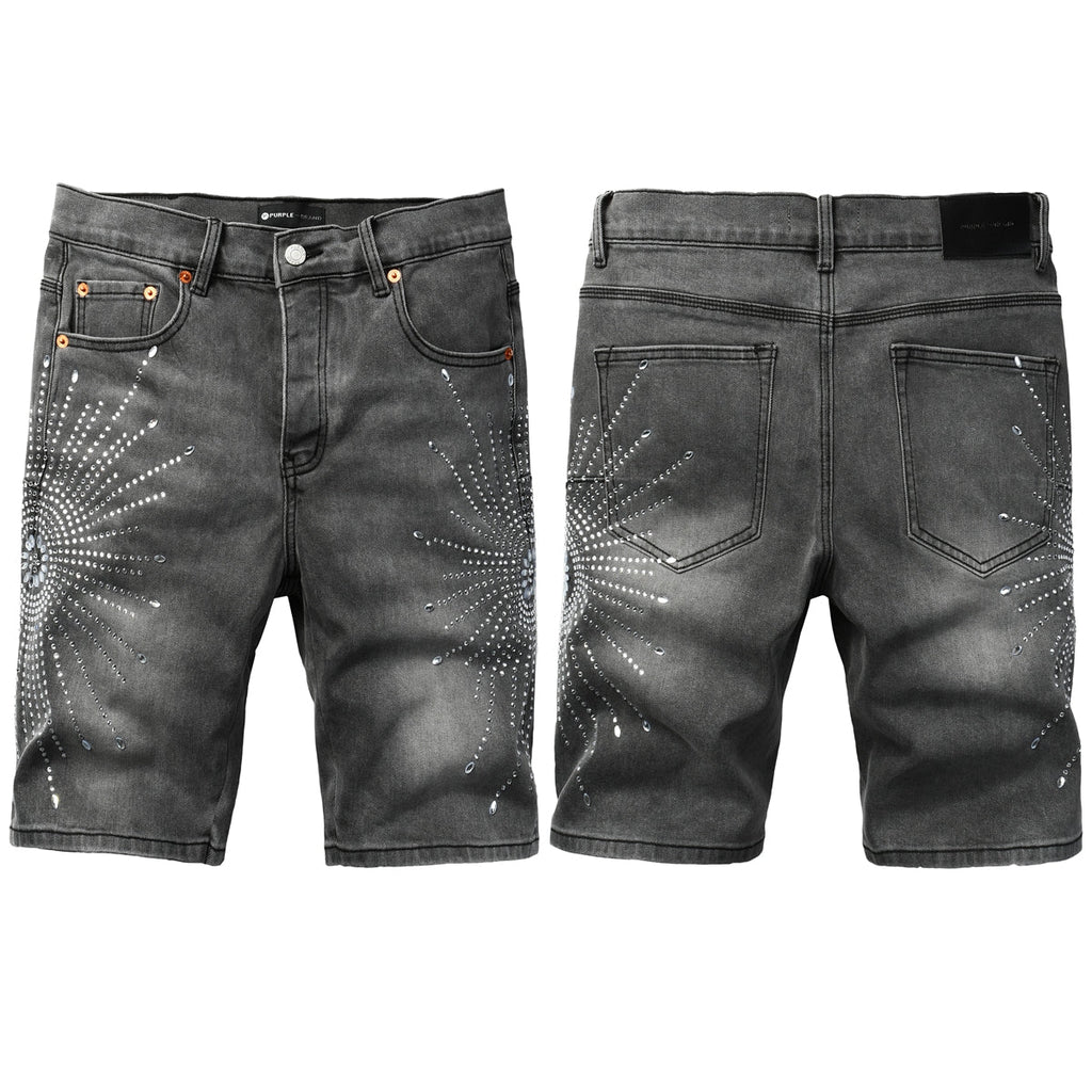 Purple jeans Men’s Grey Washed Denim Shorts with Sparkling Studded Sunburst Design Streetwear Fashion Style 5094