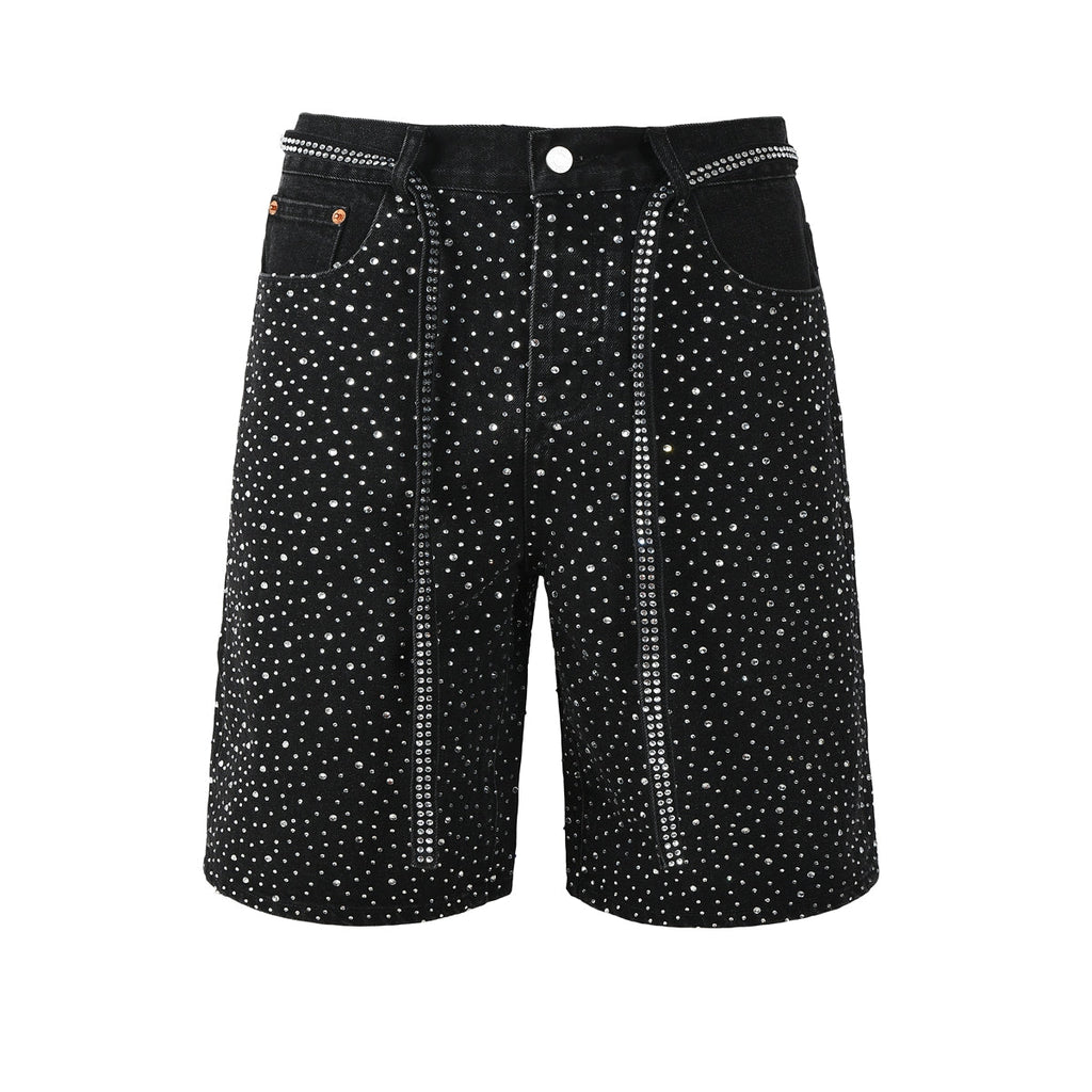 Purple Jeans Mens Black Denim Shorts with Allover Rhinestone Embellishments and Sparkling Party Street Style 5095