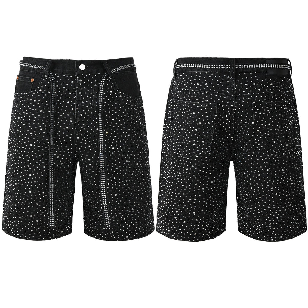 Purple Jeans Mens Black Denim Shorts with Allover Rhinestone Embellishments and Sparkling Party Street Style 5095