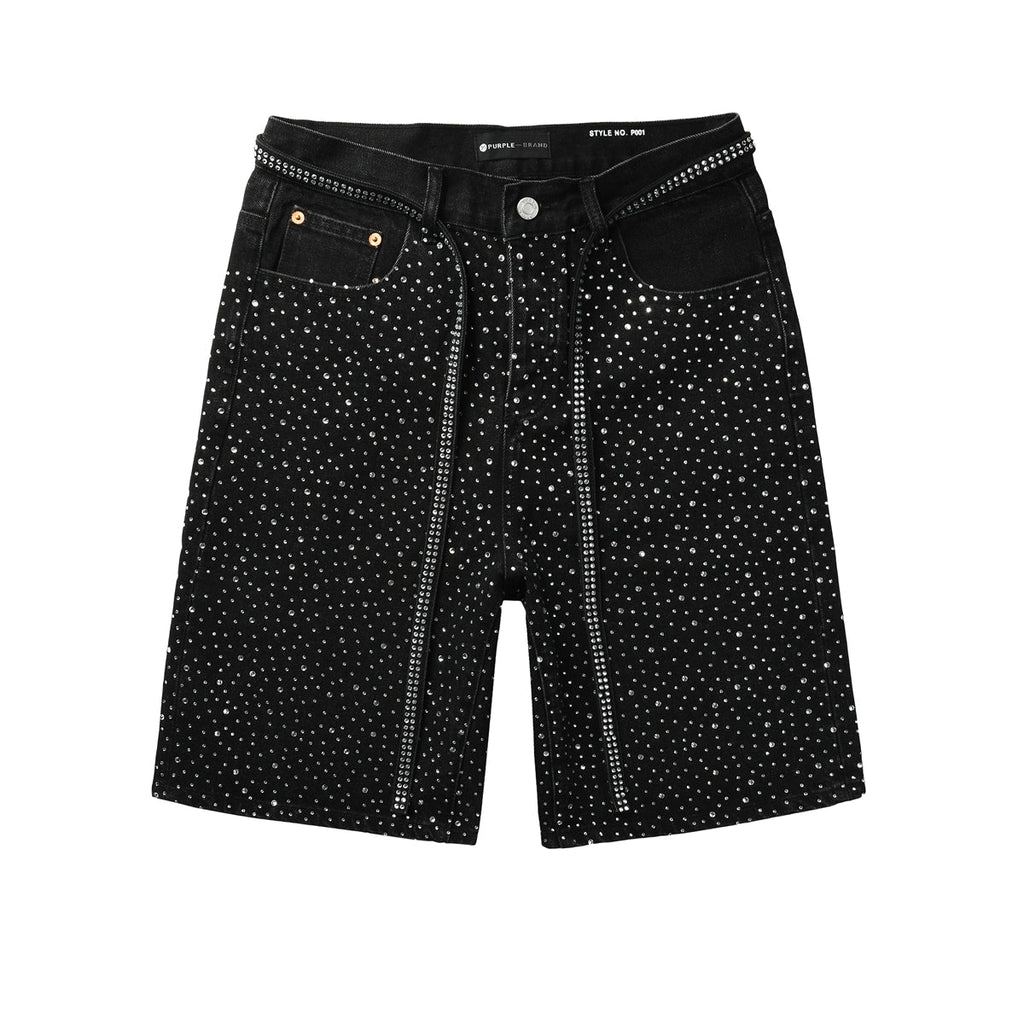Purple Jeans Mens Black Denim Shorts with Allover Rhinestone Embellishments and Sparkling Party Street Style 5095