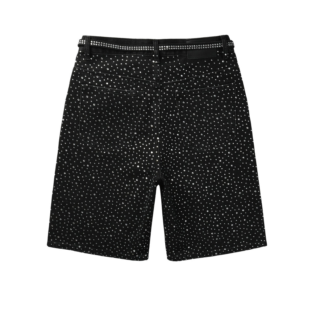 Purple Jeans Mens Black Denim Shorts with Allover Rhinestone Embellishments and Sparkling Party Street Style 5095