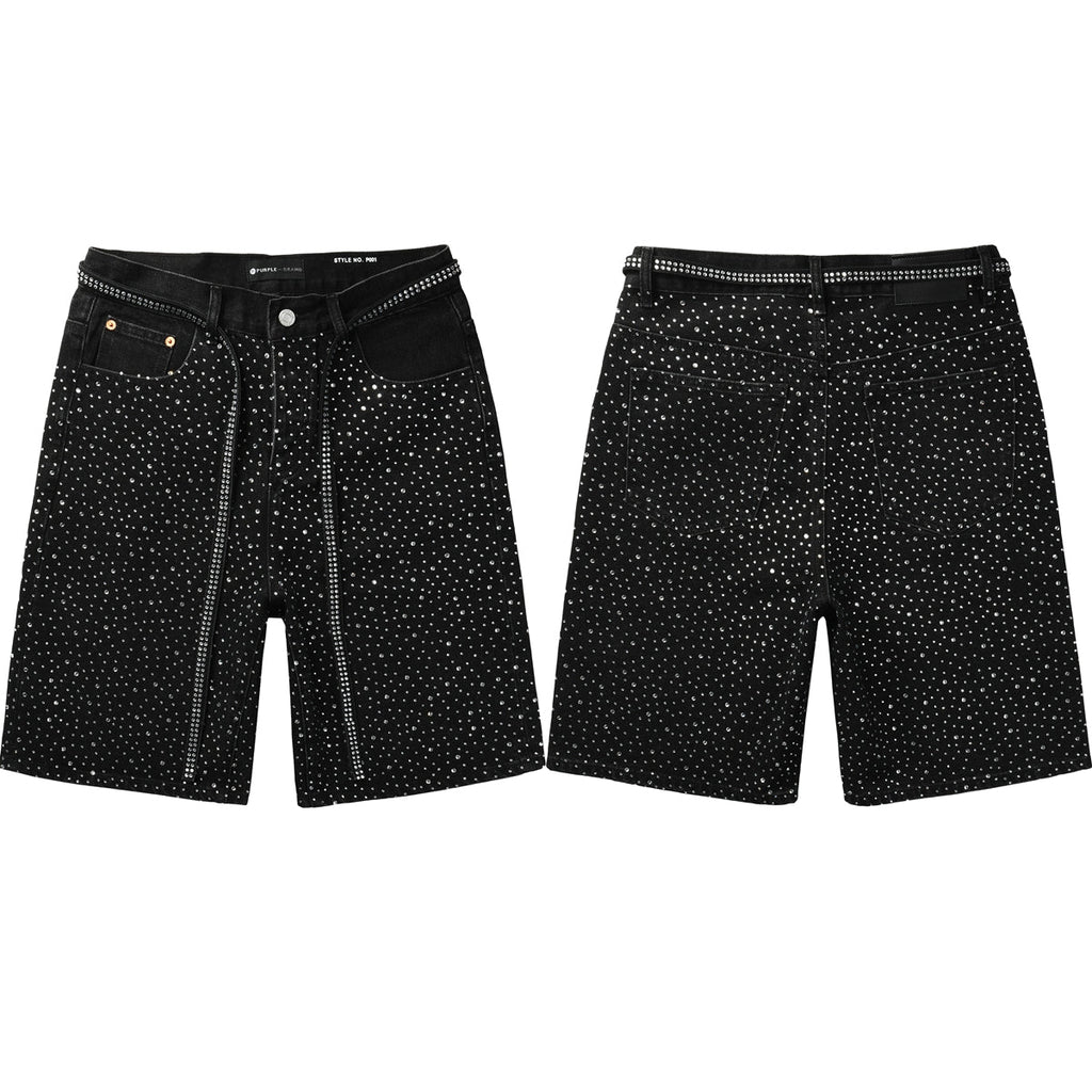 Purple Jeans Mens Black Denim Shorts with Allover Rhinestone Embellishments and Sparkling Party Street Style 5095