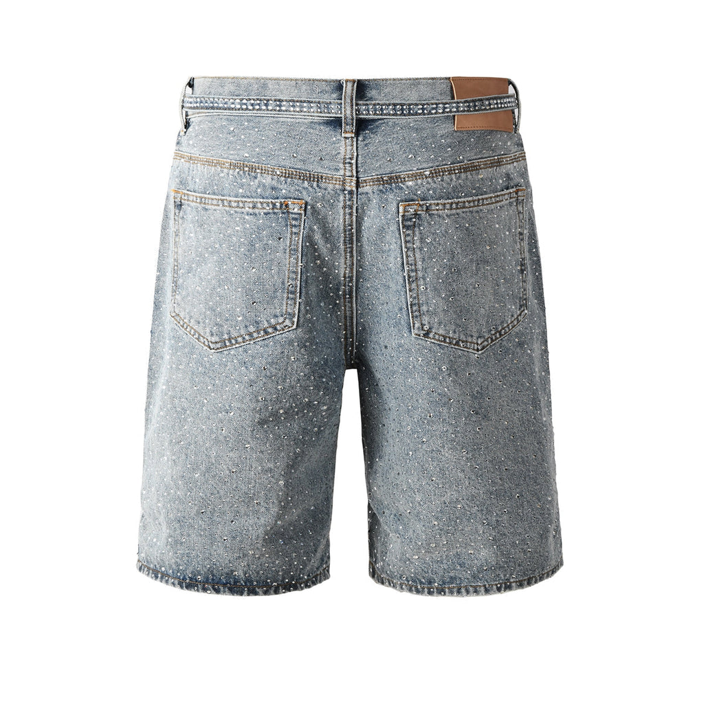 Purple Jeans Mens Light Blue Denim Shorts with Sparkling Rhinestones Stylish Summer Streetwear Look 5096