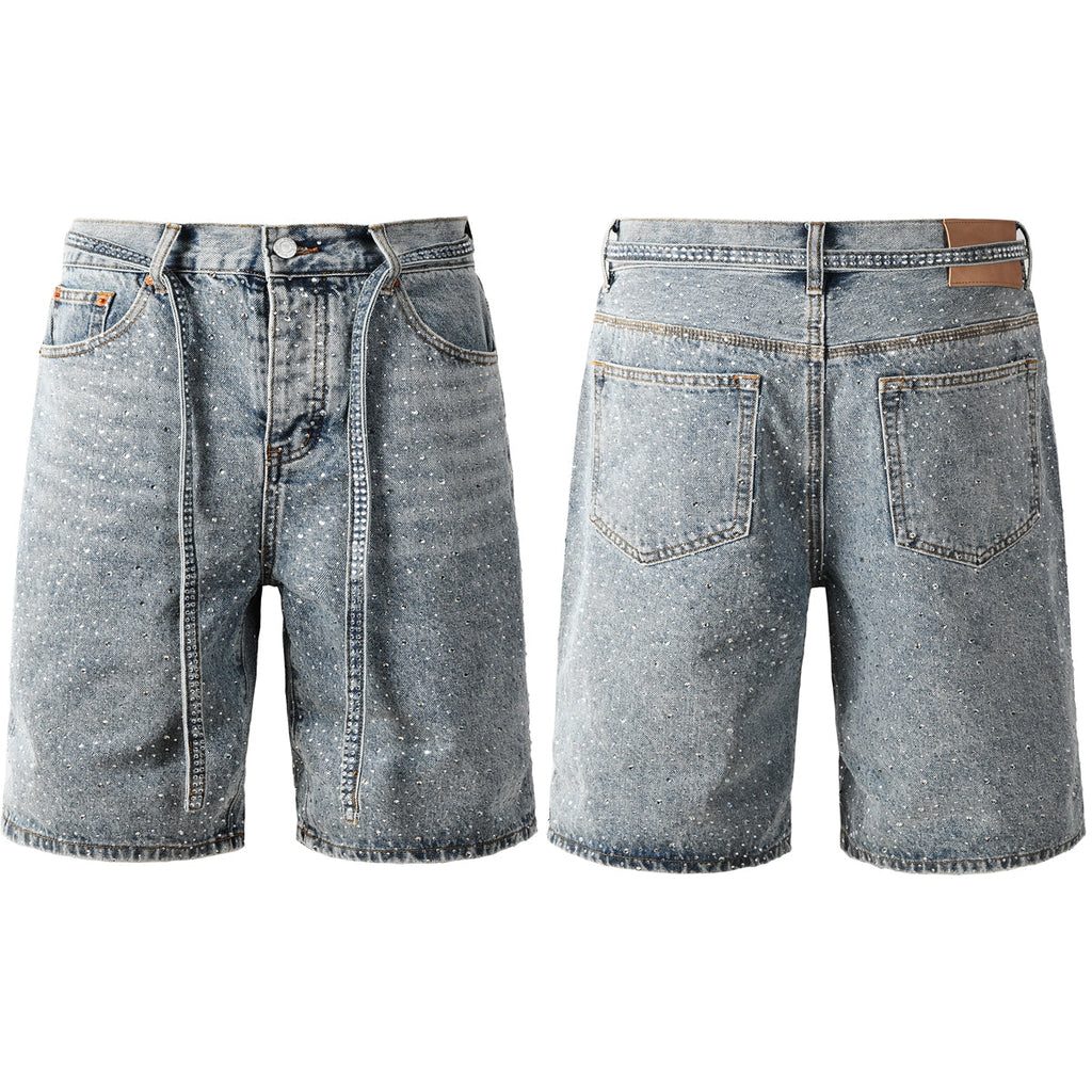 Purple Jeans Mens Light Blue Denim Shorts with Sparkling Rhinestones Stylish Summer Streetwear Look 5096