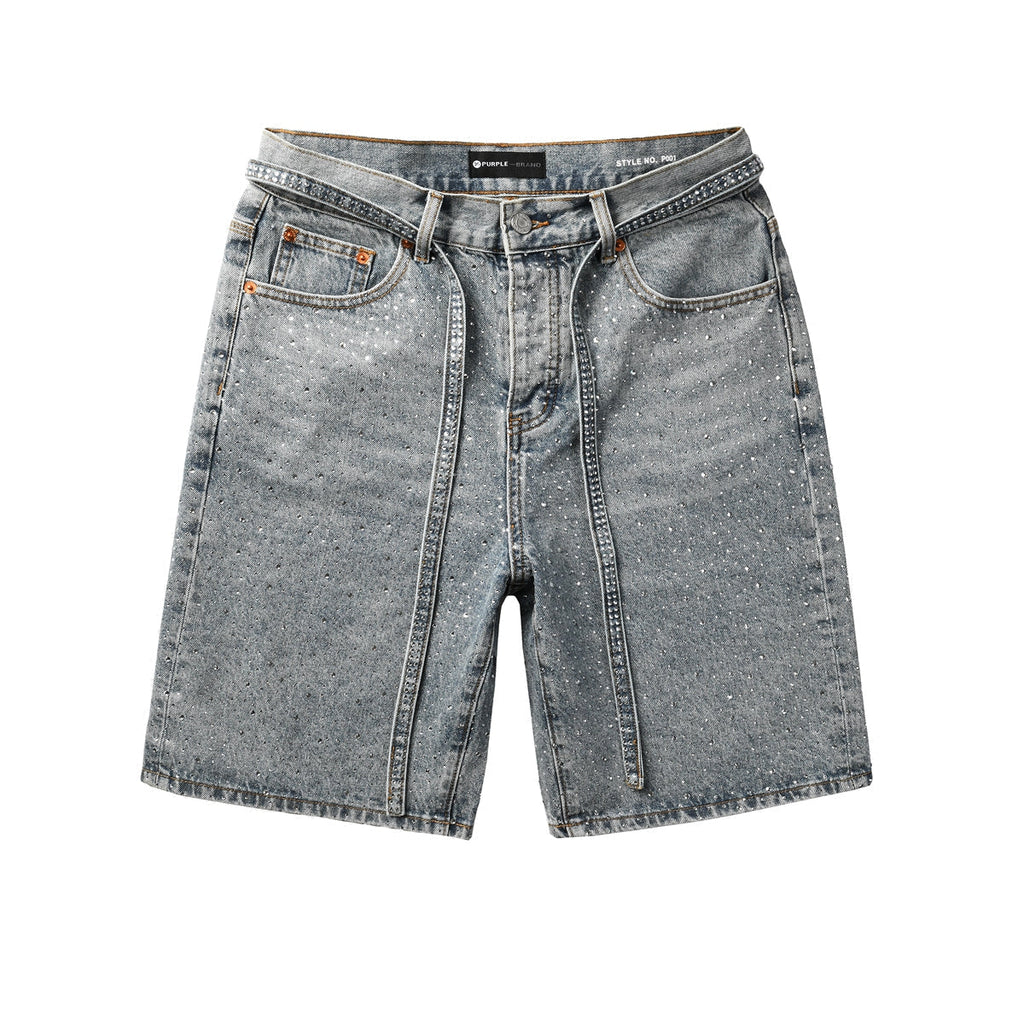 Purple Jeans Mens Light Blue Denim Shorts with Sparkling Rhinestones Stylish Summer Streetwear Look 5096