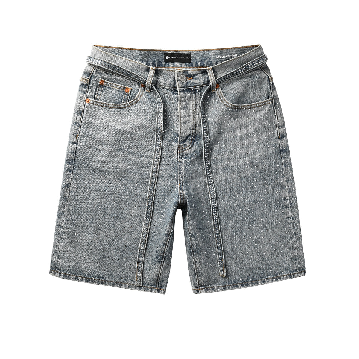 Purple Jeans Mens Light Blue Denim Shorts with Sparkling Rhinestones Stylish Summer Streetwear Look 5096