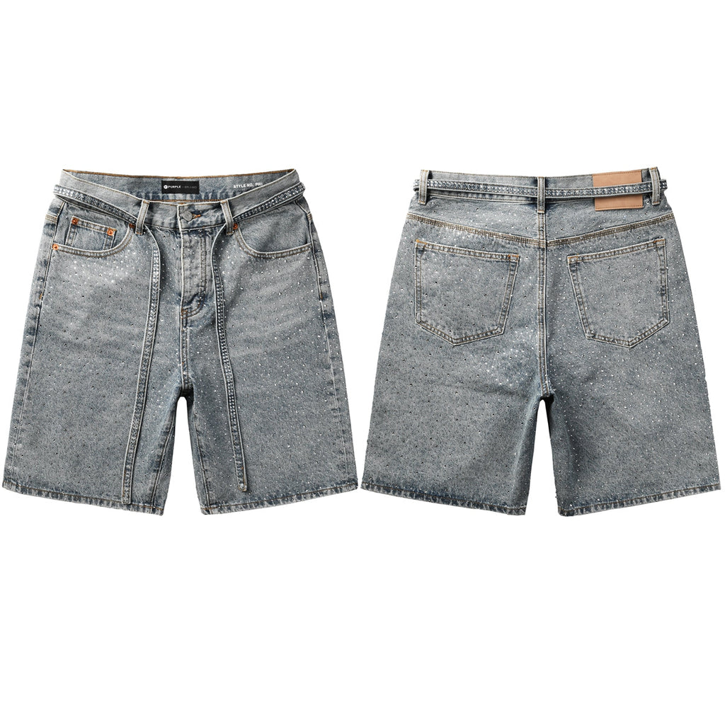 Purple Jeans Mens Light Blue Denim Shorts with Sparkling Rhinestones Stylish Summer Streetwear Look 5096
