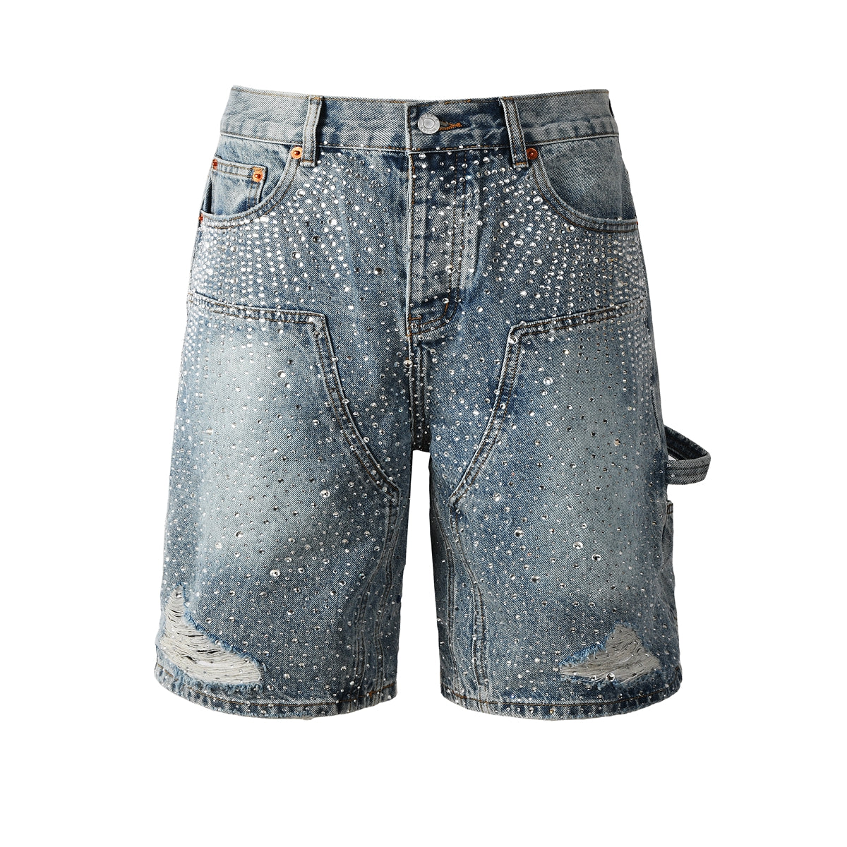 Purple Jeans Mens Light Blue Rhinestone Denim Cargo Shorts Distressed Multi Pocket Streetwear Style 5097