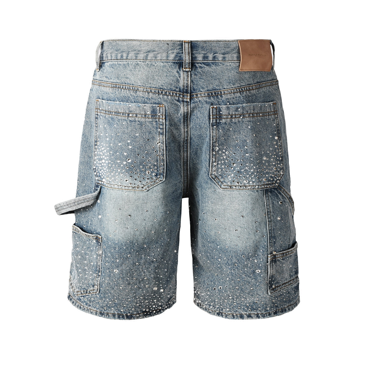 Purple Jeans Mens Light Blue Rhinestone Denim Cargo Shorts Distressed Multi Pocket Streetwear Style 5097