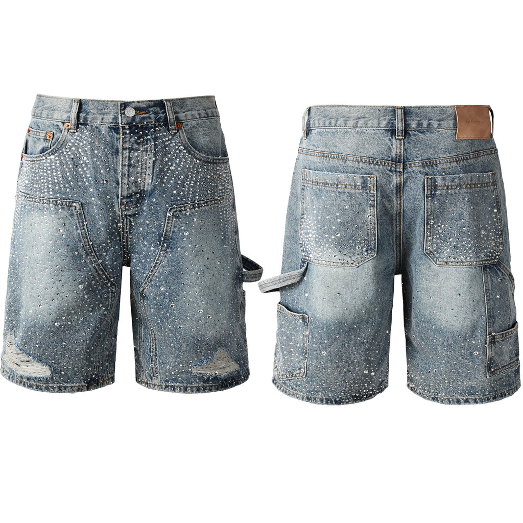 Purple Jeans Mens Light Blue Rhinestone Denim Cargo Shorts Distressed Multi Pocket Streetwear Style 5097