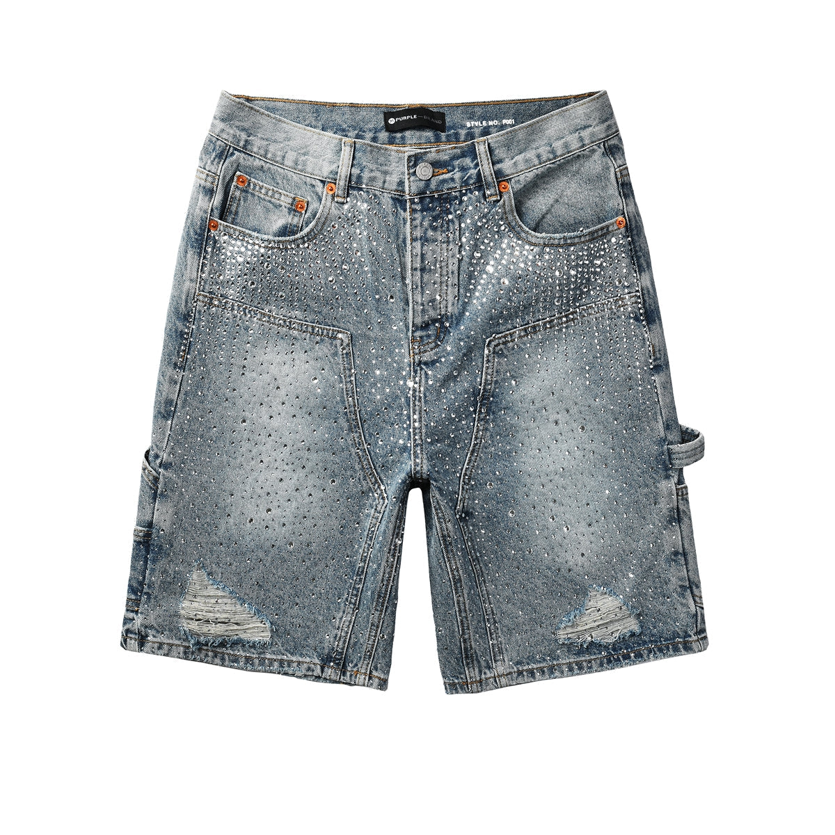 Purple Jeans Mens Light Blue Rhinestone Denim Cargo Shorts Distressed Multi Pocket Streetwear Style 5097