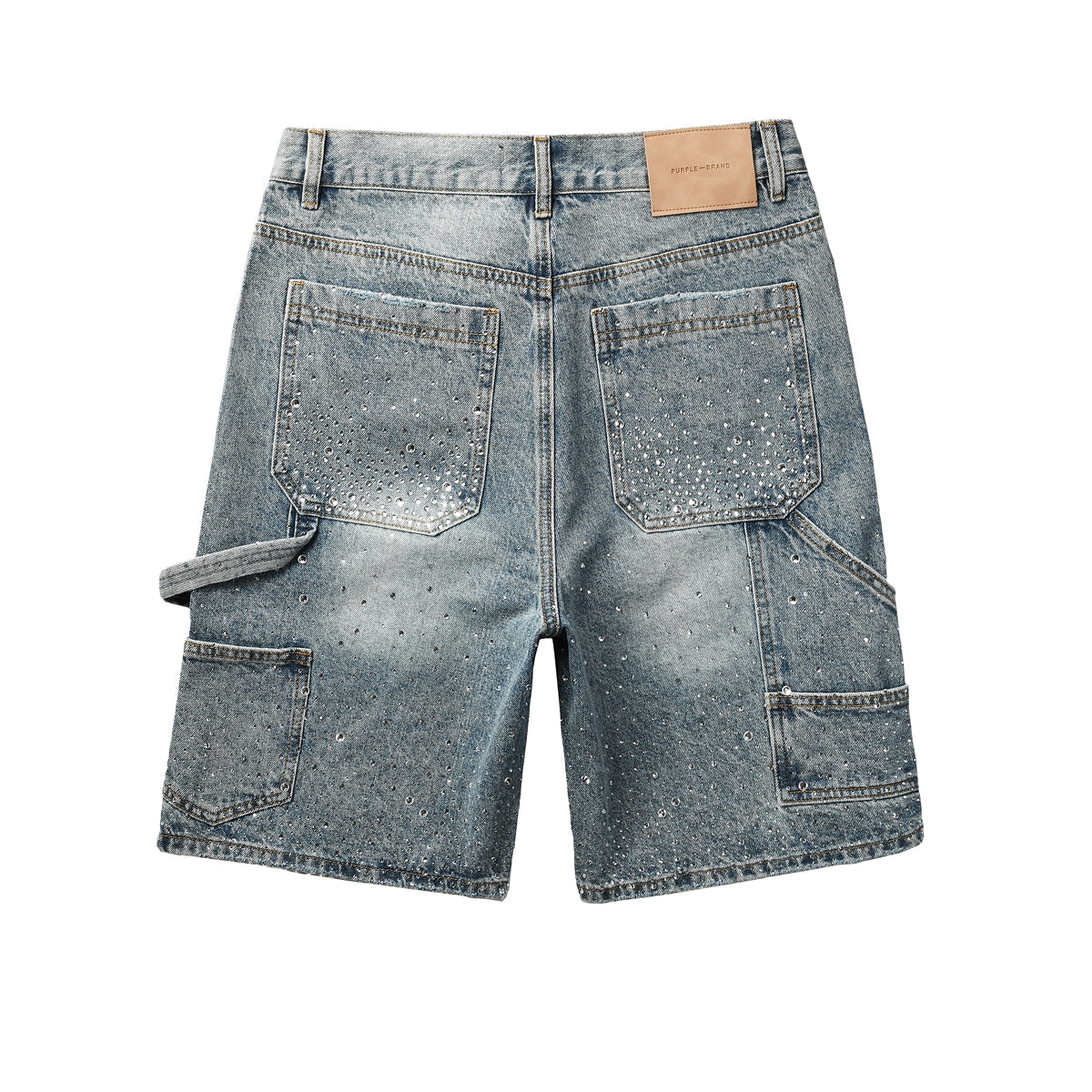Purple Jeans Mens Light Blue Rhinestone Denim Cargo Shorts Distressed Multi Pocket Streetwear Style 5097