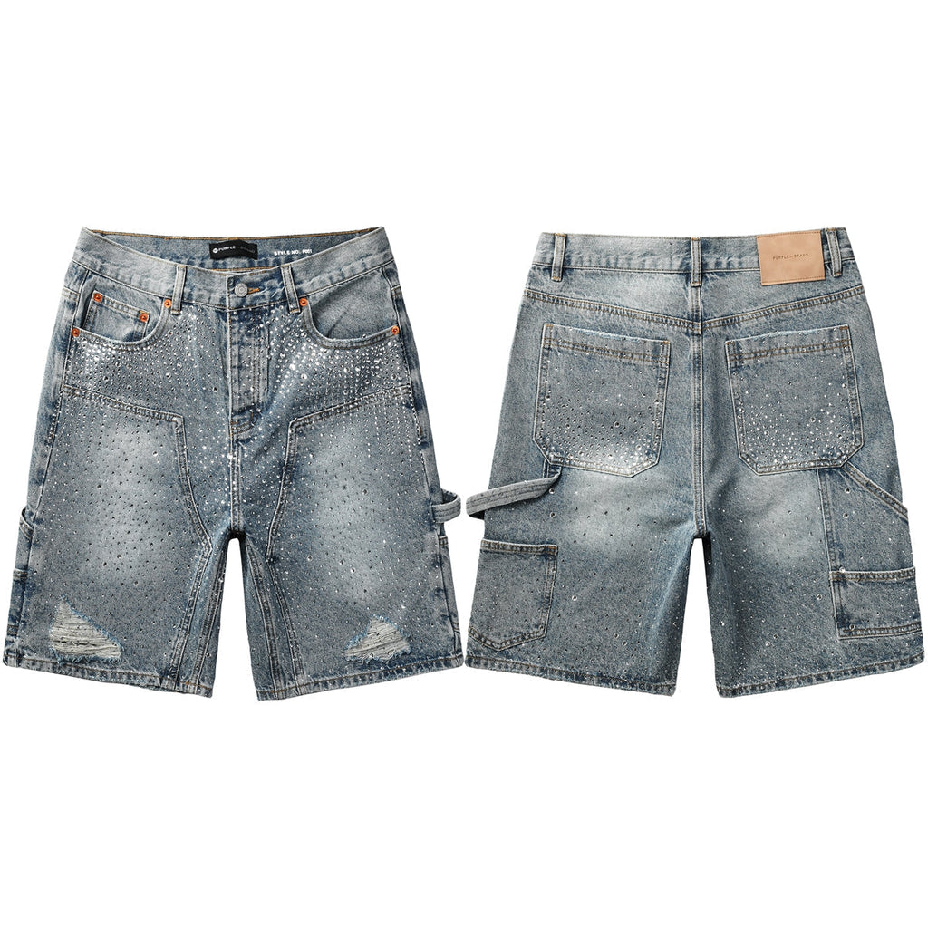 Purple Jeans Mens Light Blue Rhinestone Denim Cargo Shorts Distressed Multi Pocket Streetwear Style 5097