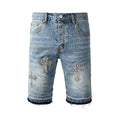 Purple Jeans Men’s Light Blue Denim Shorts with Rhinestone Cross Embellishments and Sparkling Studs 5098