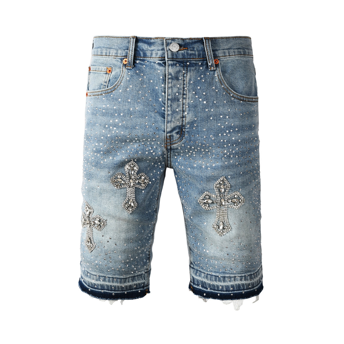 Purple Jeans Men’s Light Blue Denim Shorts with Rhinestone Cross Embellishments and Sparkling Studs 5098