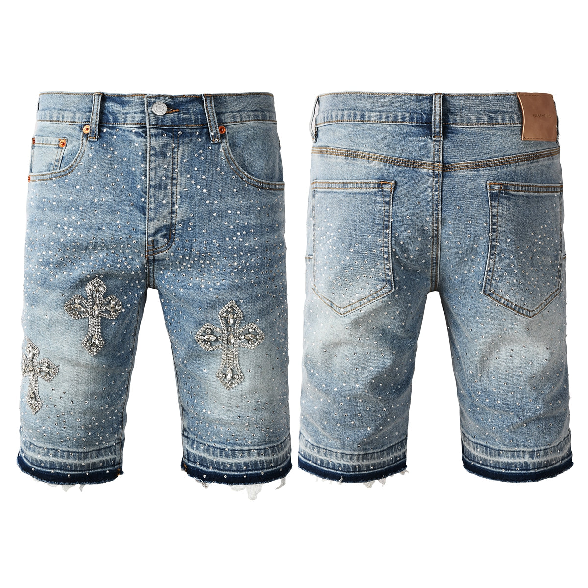 Purple Jeans Men’s Light Blue Denim Shorts with Rhinestone Cross Embellishments and Sparkling Studs 5098