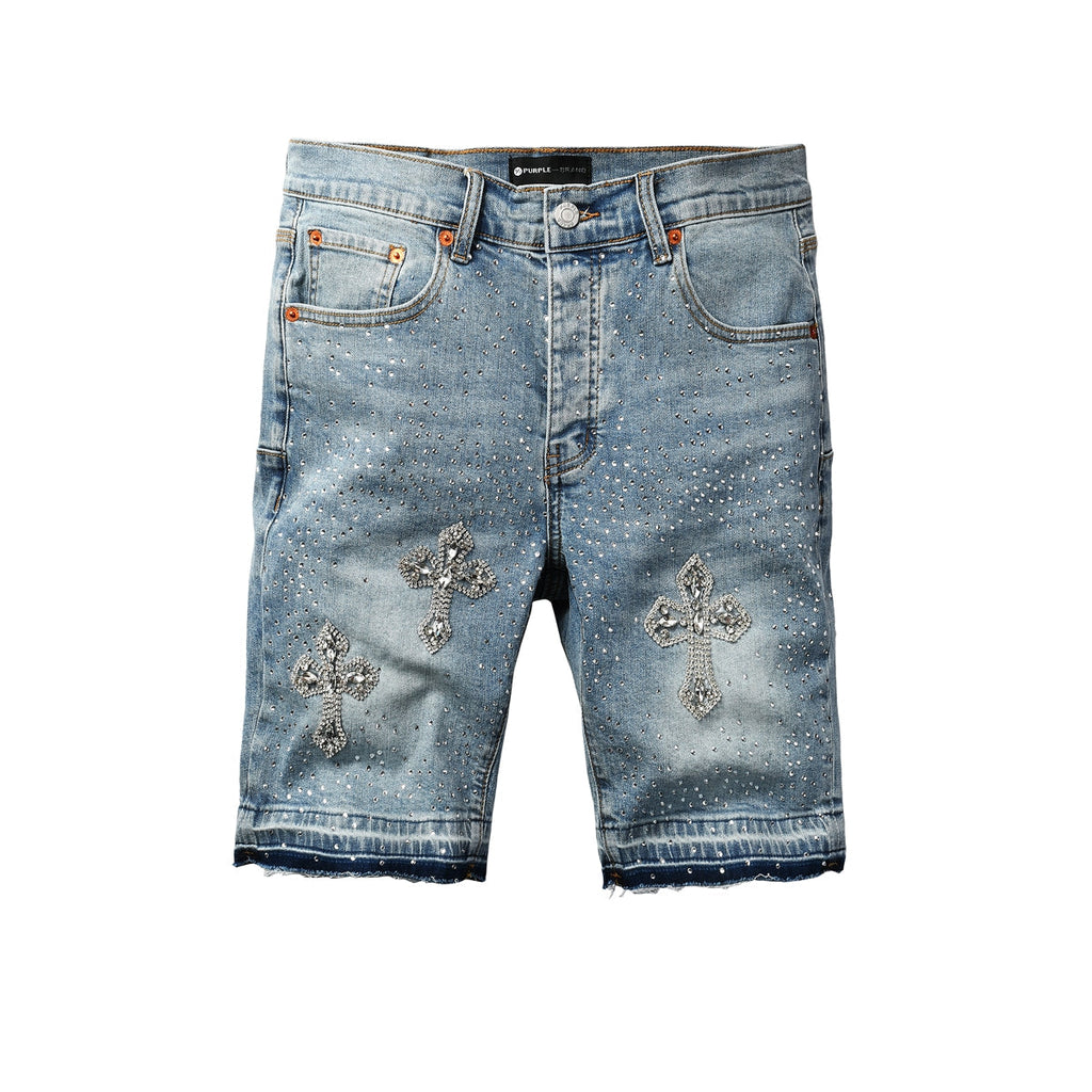 Purple Jeans Men’s Light Blue Denim Shorts with Rhinestone Cross Embellishments and Sparkling Studs 5098