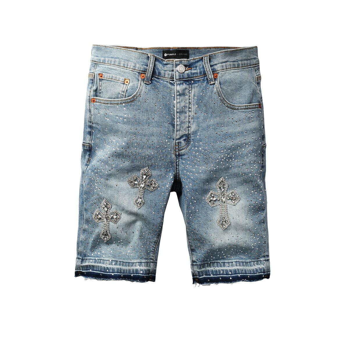 Purple Jeans Men’s Light Blue Denim Shorts with Rhinestone Cross Embellishments and Sparkling Studs 5098