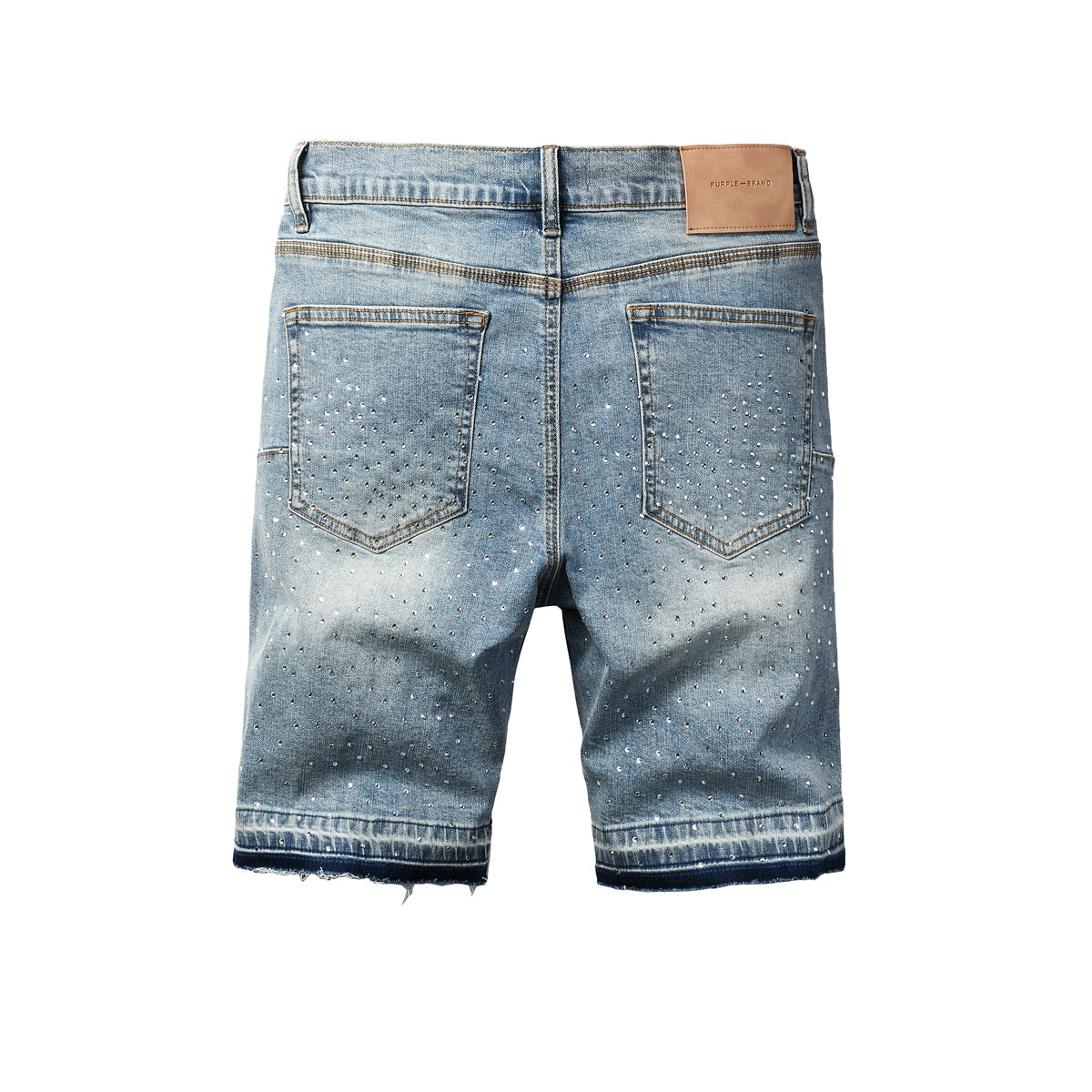 Purple Jeans Men’s Light Blue Denim Shorts with Rhinestone Cross Embellishments and Sparkling Studs 5098
