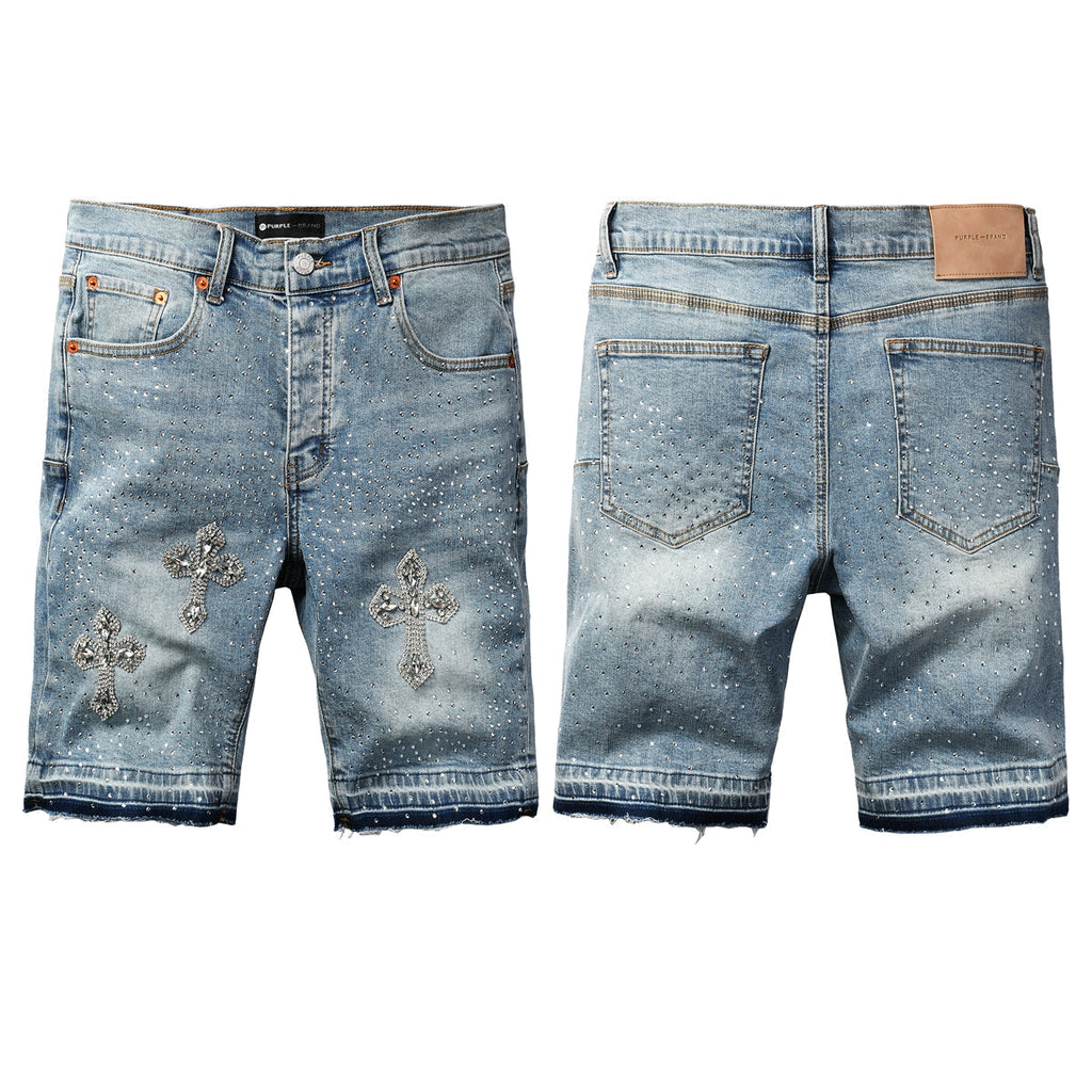 Purple Jeans Men’s Light Blue Denim Shorts with Rhinestone Cross Embellishments and Sparkling Studs 5098