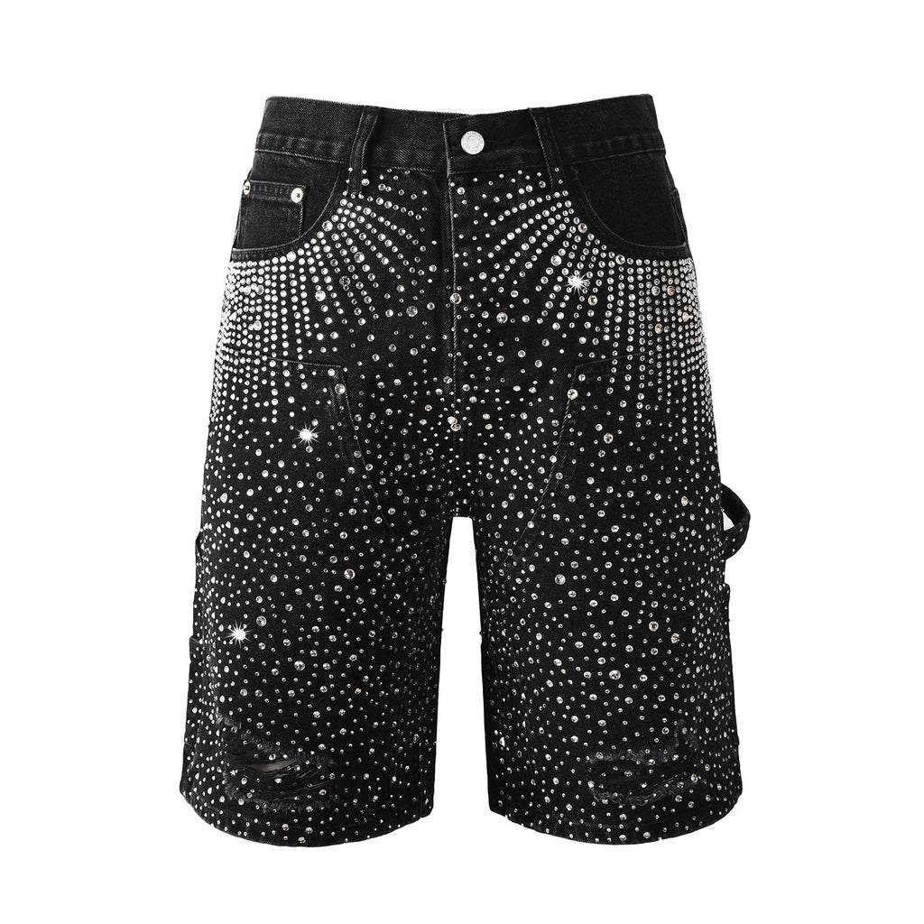 Purple Jeans Luxury Bling Men's Black Jean Shorts Covered in Shiny Rhinestones for Night Out Fashion 5099