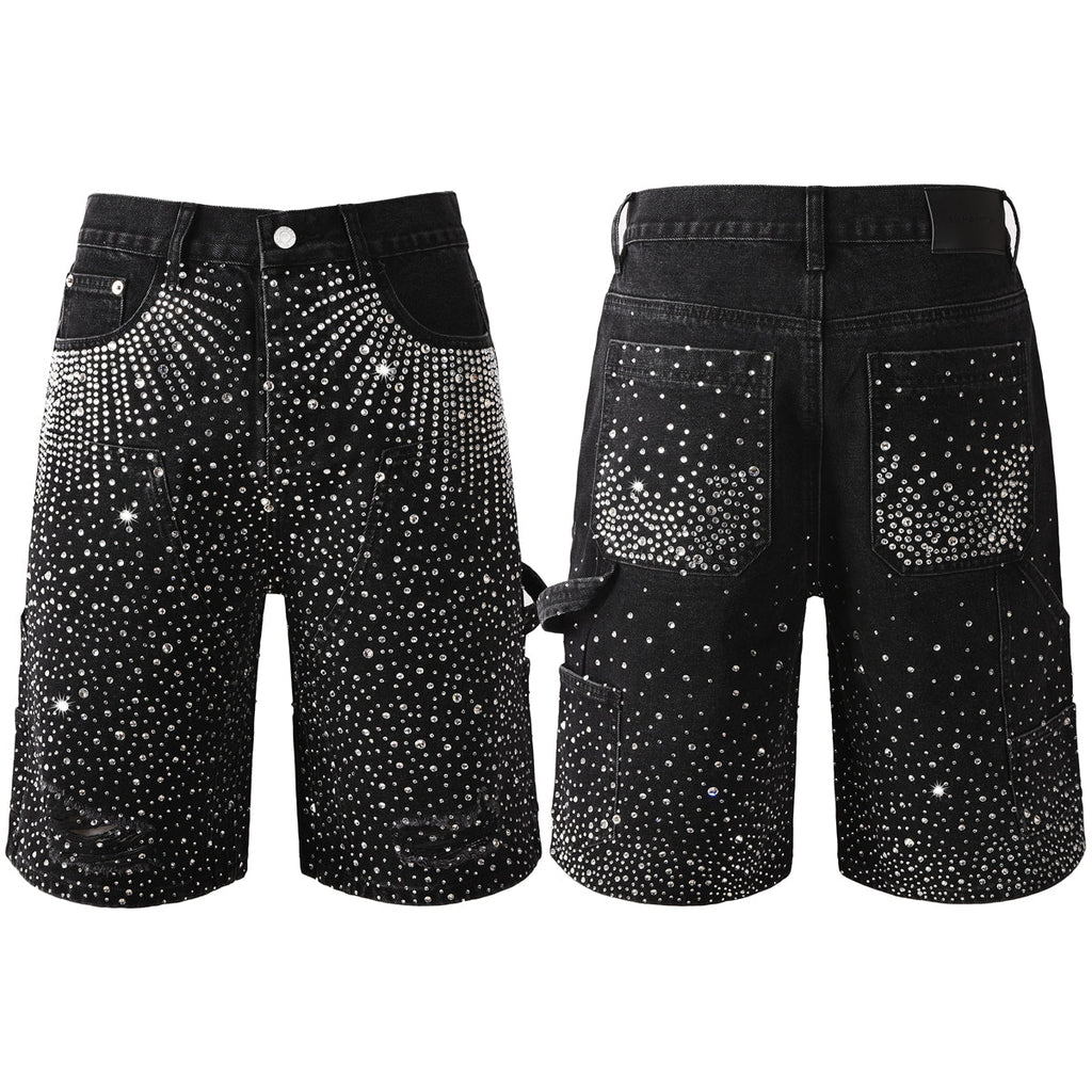 Purple Jeans Luxury Bling Men's Black Jean Shorts Covered in Shiny Rhinestones for Night Out Fashion 5099