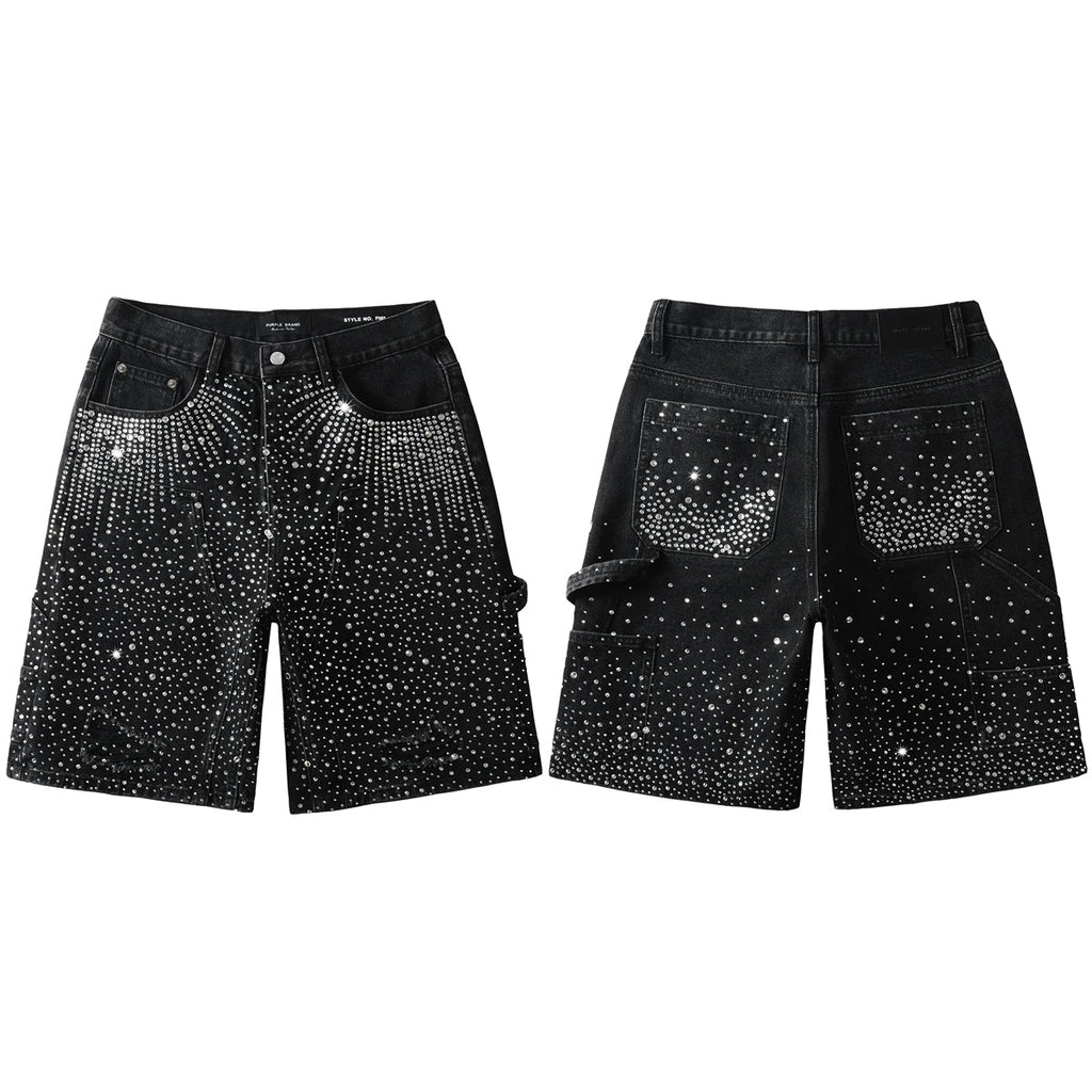 Purple Jeans Luxury Bling Men's Black Jean Shorts Covered in Shiny Rhinestones for Night Out Fashion 5099