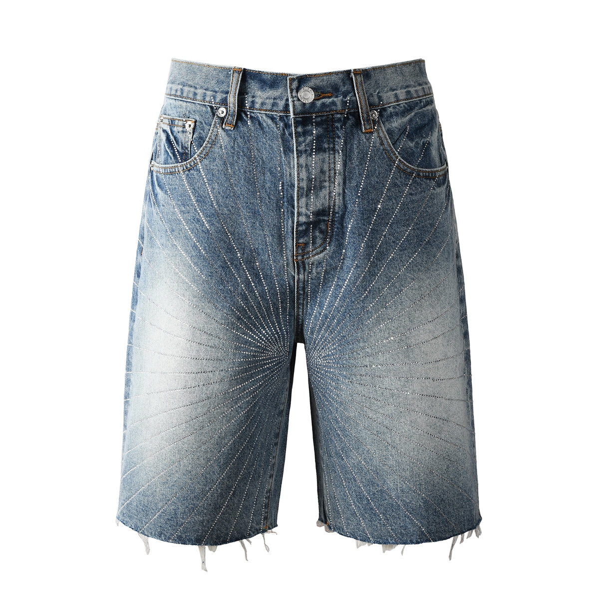 Purple Jeans Men’s Blue Denim Shorts with Rhinestone Sunburst Design and Raw Hem 5100